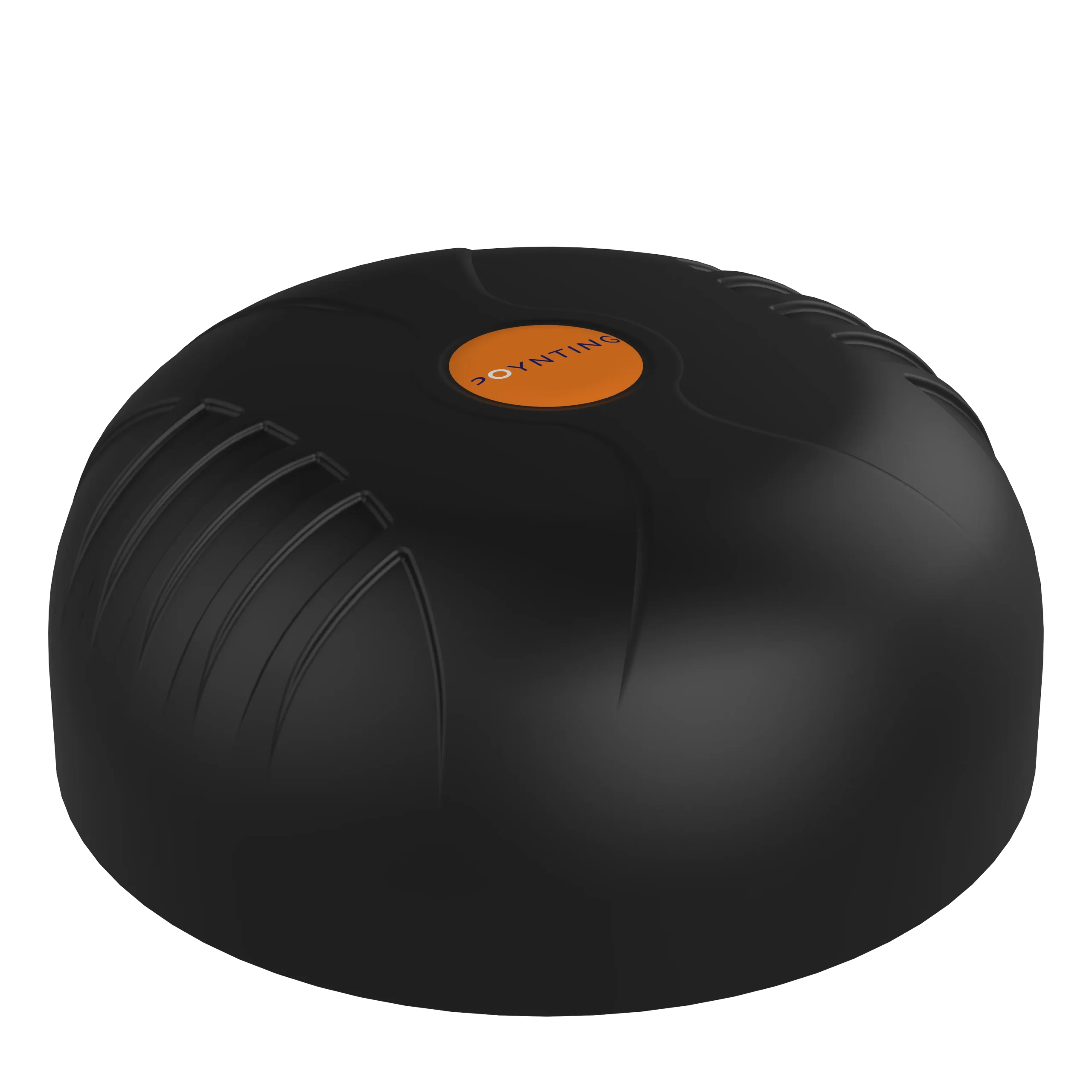 Close-up of a black tire with deep tread and an orange center cap.