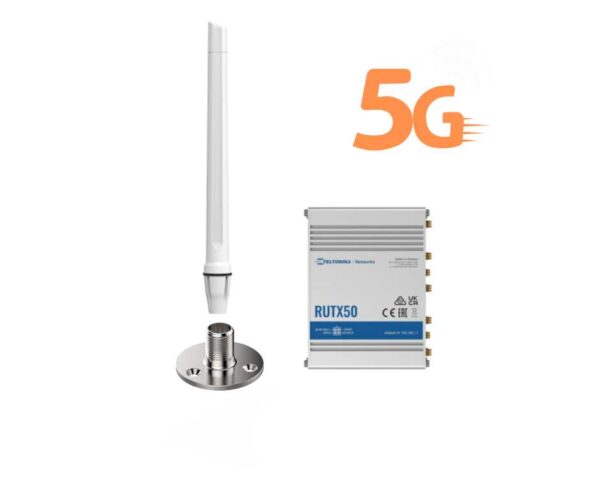 Silm long white antenna with stainless steel bracket and %G modem in aluminium casing