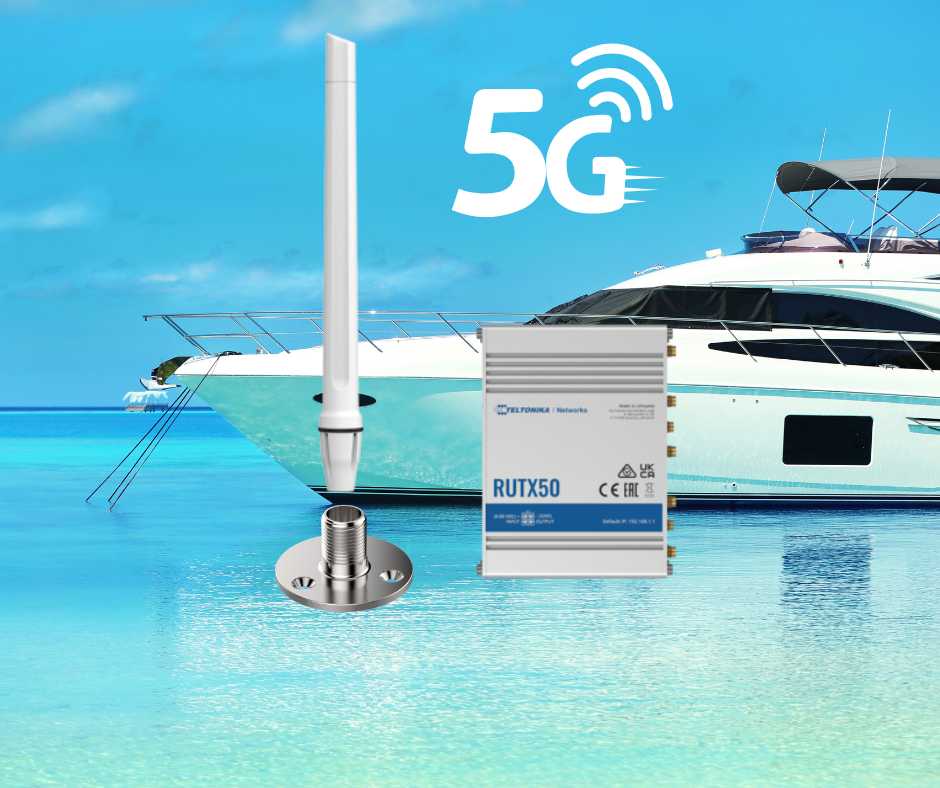 Yacht in turquise water background with white slim antenna stainless steel bracket and 5g modem in aluminium asin in foreground