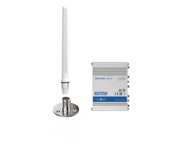 Long slim white antenna with metal bracket and 5G modem in silver casing