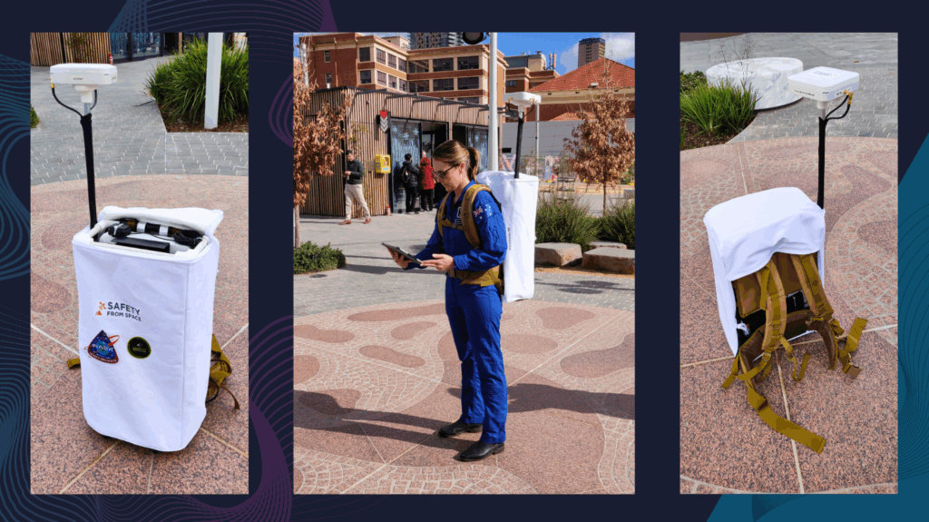 Katherine Bennell-Pegg, Australian astronaut at the Australian Space Agency, is pictured testing the Safety From Space LunaSAR system at Lot Fourteen in Adelaide. Wearing a blue flight suit and a backpack-mounted satellite communications unit, she engages with a tablet device. The compact system, equipped with an RFShop-designed antenna, is designed for search and rescue operations in extreme environments such as the Moon or remote regions on Earth. The visual includes detailed views of the LunaSAR hardware from different angles, showcasing its portable, backpack-ready format and robust build.
